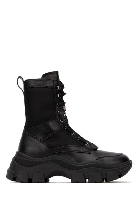 prada black leather and nylon military boots|prada chunky sole combat boots.